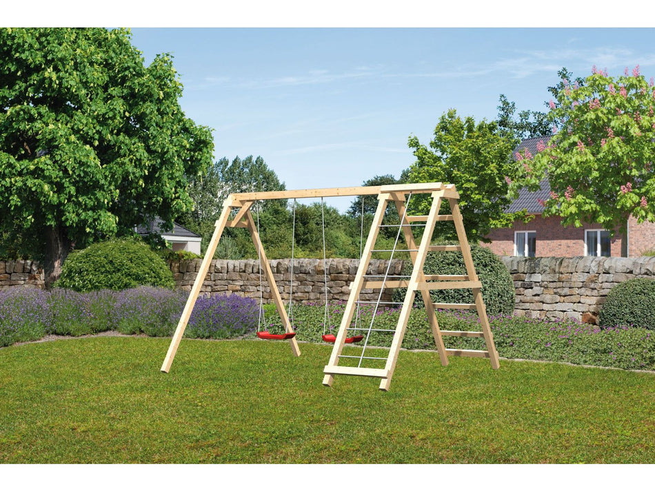 Karibu Doppelschaukel Felix mit Klettergerüst und Netzrampe