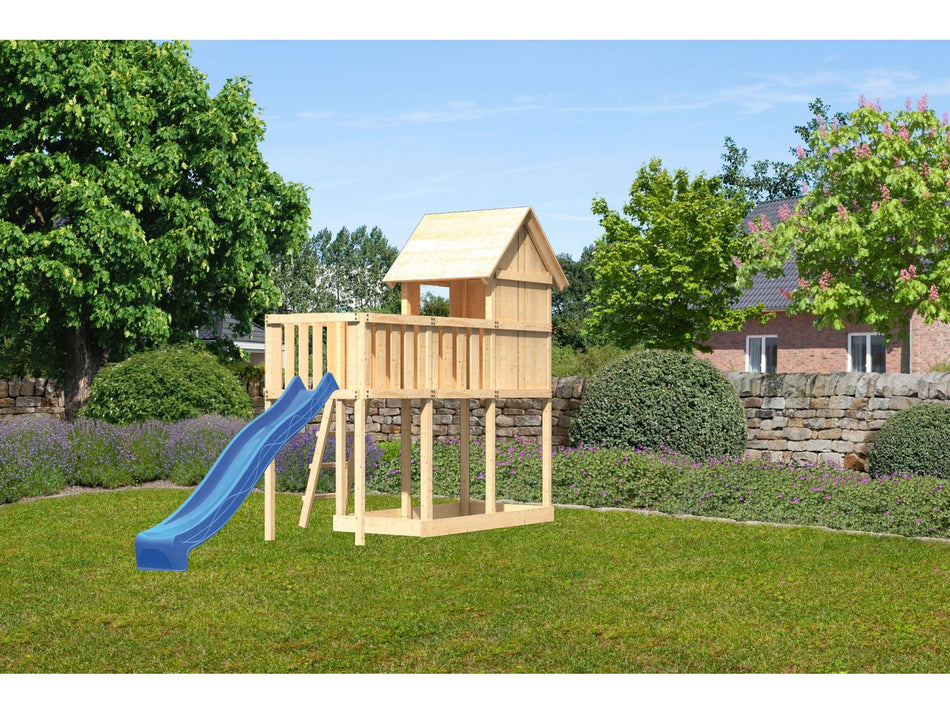 Karibu Stelzenhaus Frieda + Rutsche blau + Anbauplattform