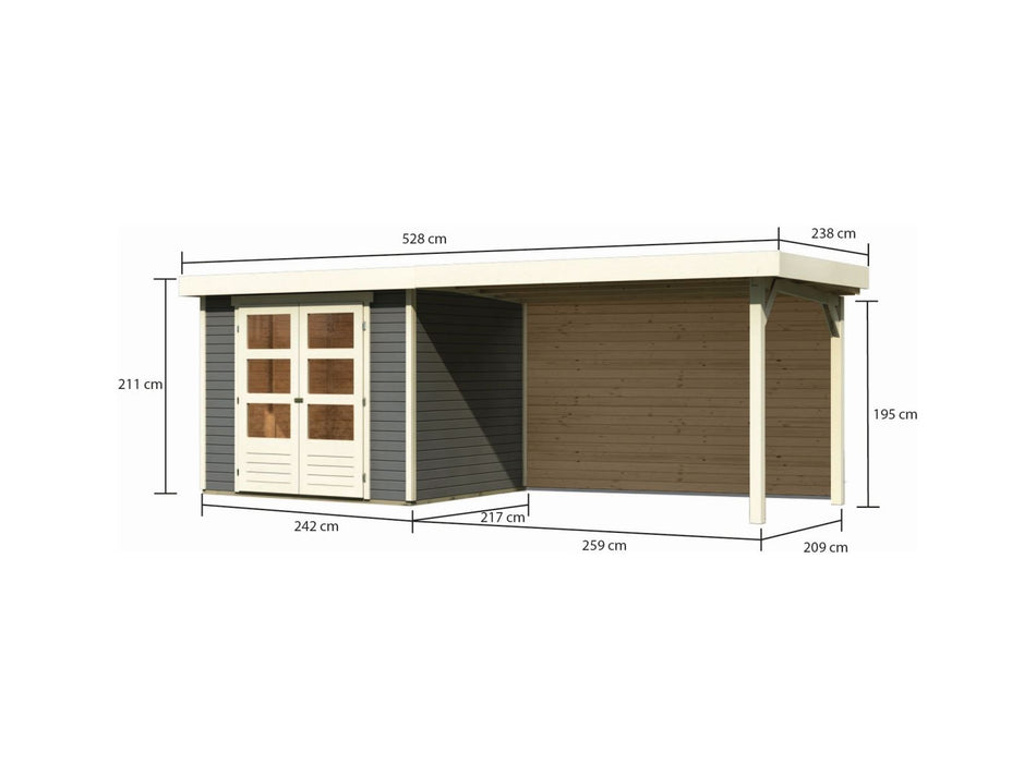 Karibu Gartenhaus Askola 3 mit Anbaudach 2,80 m, Rückwand in terragrau