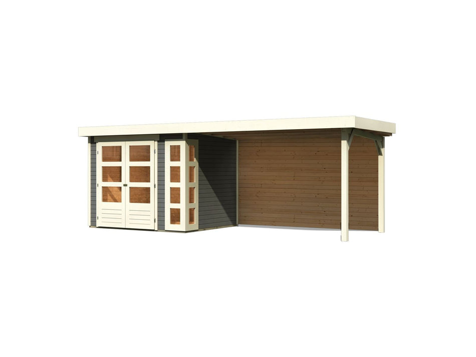 Karibu Gartenhaus Kerko 3 terragrau mit Anbaudach 2,80 m inkl. Rückwand