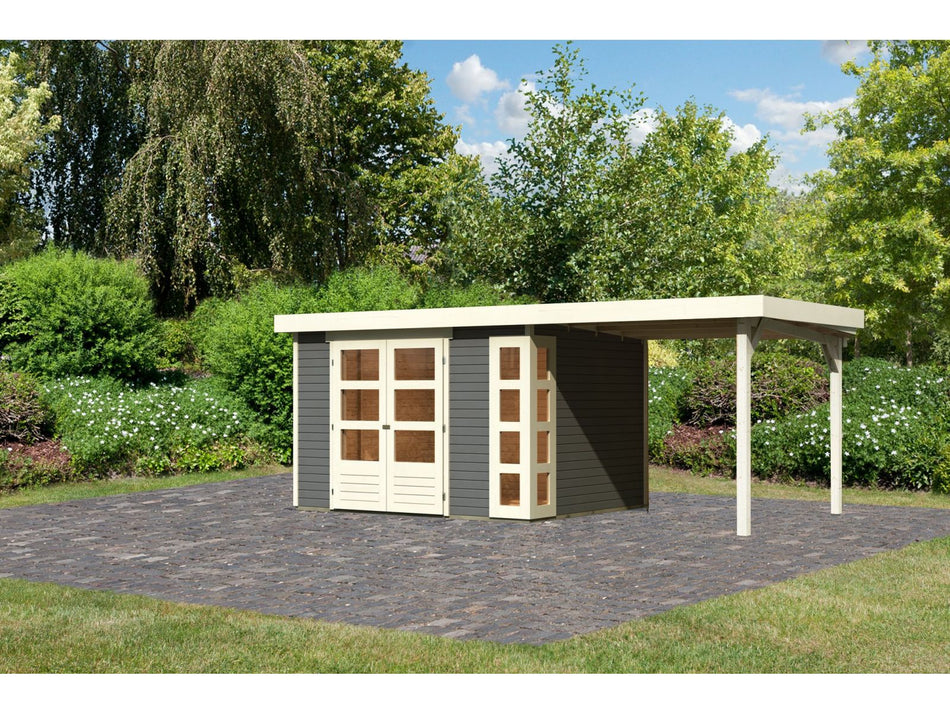 Karibu Gartenhaus Kerko 5 terragrau mit Anbaudach 2,40 m