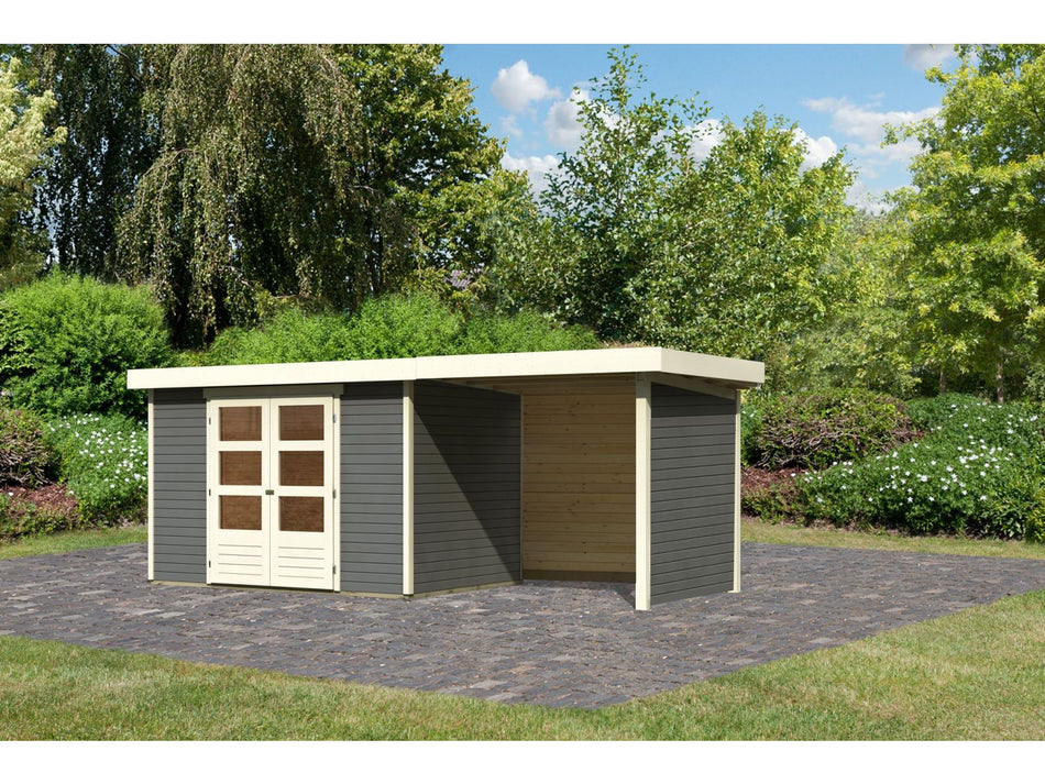 Karibu Gartenhaus Askola 4 in terragrau mit Anbaudach 2,40 Meter inkl. Rück-und Seitenwand