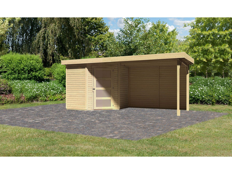Karibu Gartenhaus Schwandorf 3 natur mit Anbaudach 2,8 m inkl. Rückwand