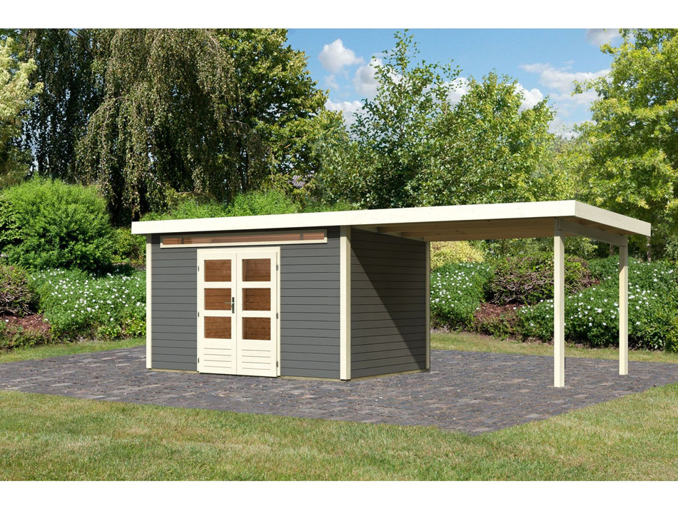 Karibu Gartenhaus Kandern 7 in terragrau mit Anbaudach 3,20 Meter