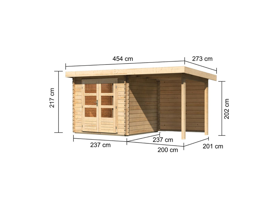 Karibu Gartenhaus Bastrup 2 mit Anbaudach 2 Meter inkl. Rückwand