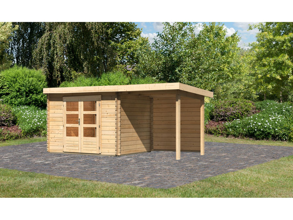 Karibu Gartenhaus Bastrup 3 mit Anbaudach 2 Meter inkl. Rückwand
