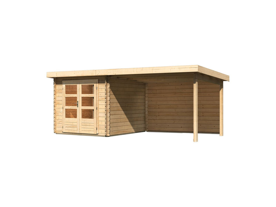Karibu Gartenhaus Bastrup 4 mit Anbaudach 3 Meter inkl. Rückwand natur