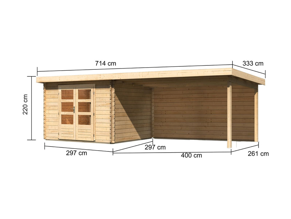 Karibu Gartenhaus Bastrup 5 mit Anbaudach 4 Meter inkl. Rückwand