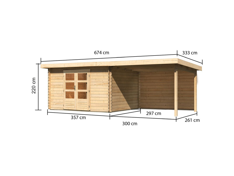 Karibu Gartenhaus Bastrup 7 mit Anbaudach 3 Meter inkl. Rückwand natur