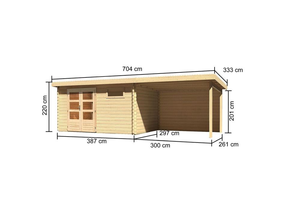 Karibu Gartenhaus Bastrup 8 mit Anbaudach 3 Meter inkl. Rückwand natur