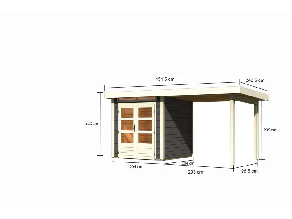Karibu Gartenhaus Kandern 1 mit Anbaudach 2,35 m, terragrau
