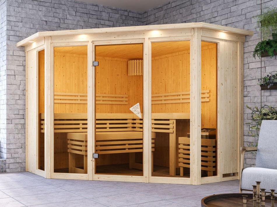 Karibu Sauna Alcinda, 68 mm, inkl. 9 kW Bioofen ext. Streuerung Wifi HUUM- mit Dachkranz -