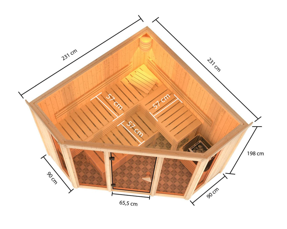 Karibu Sauna Alcinda, 68 mm, inkl. 9 kW Bioofen ext. Streuerung Wifi HUUM- mit Dachkranz -