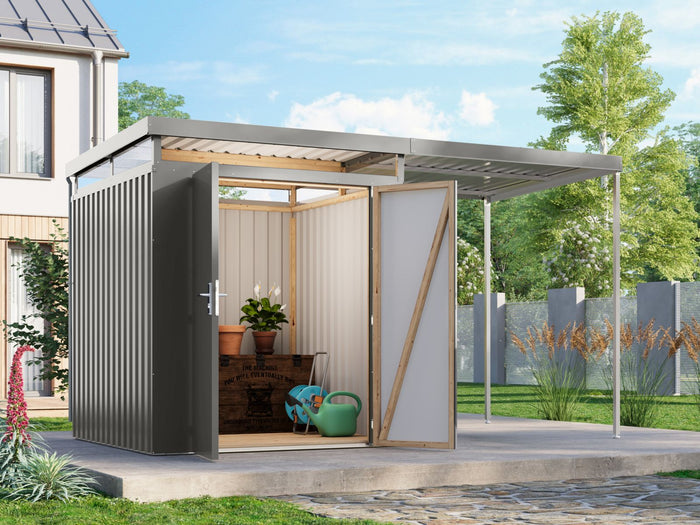 Karibu Metallhaus Aurum 2 in Graualuminium, inkl. Anbaudach 2 m