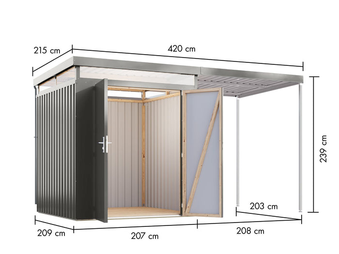 Karibu Metallhaus Aurum 2 in Graualuminium, inkl. Anbaudach 2 m