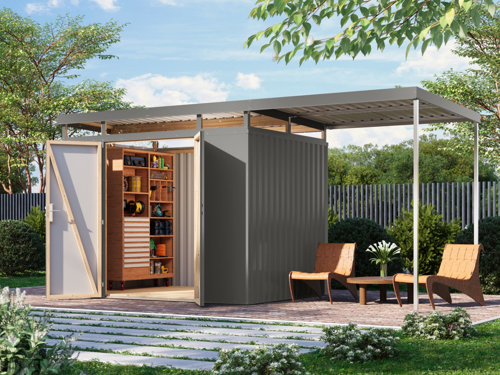 Karibu Metallhaus Aurum 3 in Graualuminium, inkl. Anbaudach 2 m