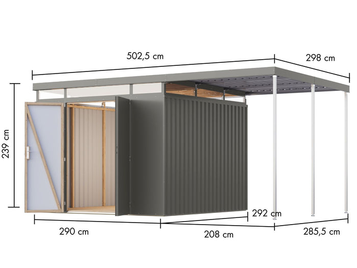 Karibu Metallhaus Aurum 3,5 in Graualuminium, inkl. Anbaudach 2 m