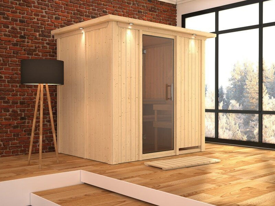 Karibu Sauna Bodin inkl. 9 kW Bioofen ext. Steuerung, moderner Saunatür -mit Dachkranz-