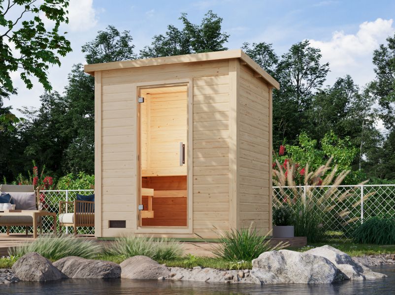 Karibu Saunahaus Caapi 2, inkl. 9 kW Ofen finnisch ext. Steuerung, mit Klarglastür und Fußboden