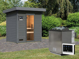 Karibu Saunahaus Caapi 2, terragrau, inkl. 9 kW Bioofen ext. Steuerung, mit Klarglastür und Fußboden