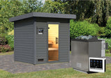 Karibu Saunahaus Caapi 3, terragrau, inkl. 9 kW Bioofen ext. Steuerung - mit Klarglastür und Fußboden