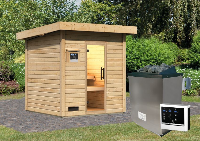 Karibu Saunahaus Caapi 3, inkl. 9 kW Ofen finnisch ext. Steuerung - mit Klarglastür und Fußboden