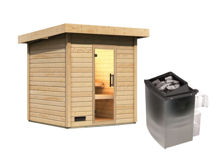 Karibu Saunahaus Caapi 3, inkl. 9 kW Ofen integr. Steuerung - mit Klarglastür und Fußboden