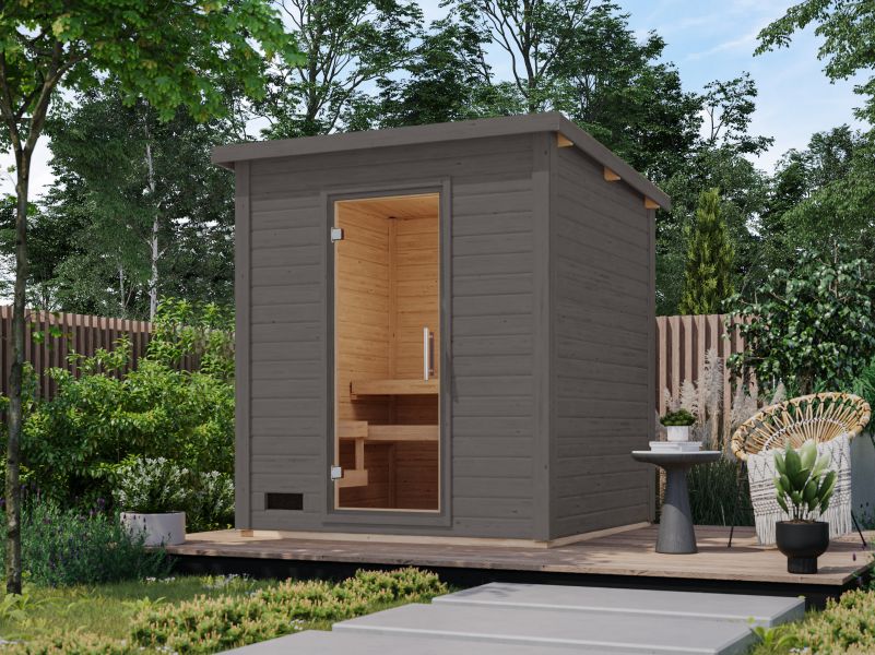 Karibu Saunahaus Caapi 3, terragrau, inkl. 9 kW Bioofen ext. Steuerung - mit Klarglastür und Fußboden