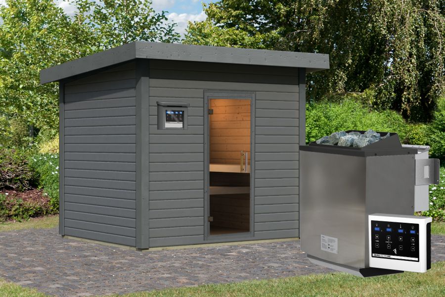 Karibu Saunahaus Caapi 4, terragrau, inkl. 9 kW Bioofen ext. Steuerung, mit Klarglastür und Fußboden