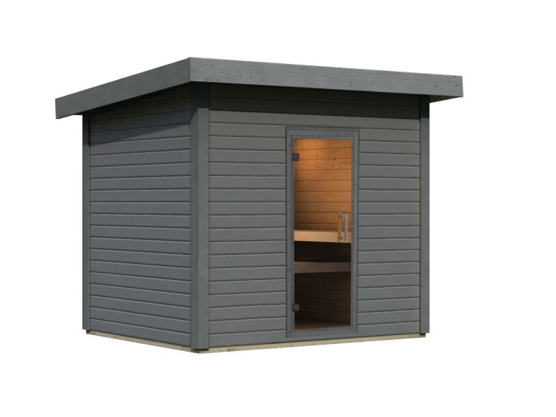 Karibu Saunahaus Caapi 4, terragrau, ohne Ofen, inkl. Klarglastür und Fußboden