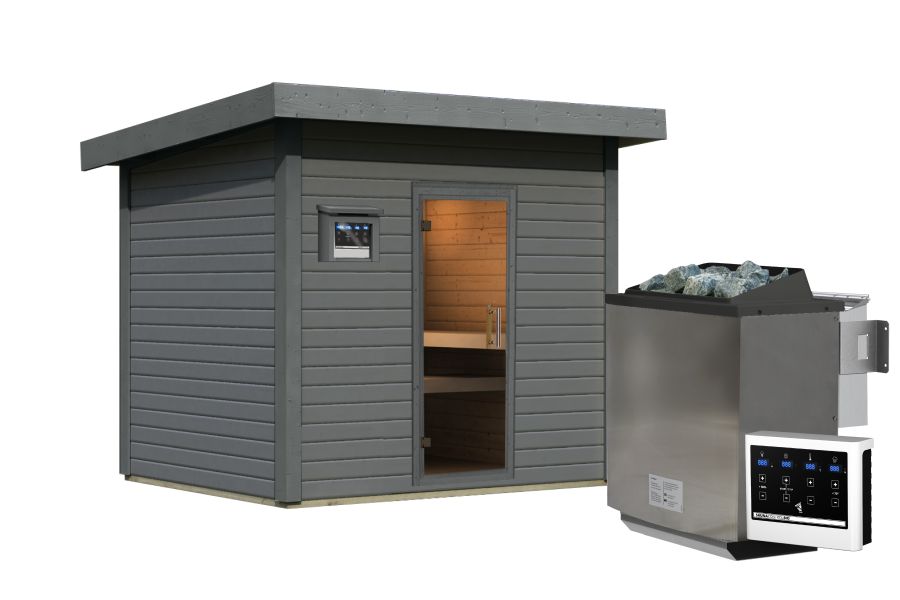 Karibu Saunahaus Caapi 4, terragrau, inkl. 9 kW Bioofen ext. Steuerung, mit Klarglastür und Fußboden