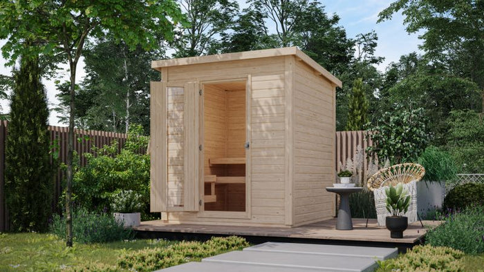Karibu Saunahaus Hytti 2  38 mm - inkl. 9 kW Ofen integr. Steuerung - mit Energiespartür und Fußbode