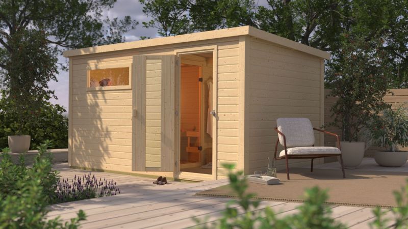 Karibu Saunahaus Hytti 6, inkl. 9 kW Bioofen ext. Steuerung - mit Iso-Tür naturbelassen, 38 mm