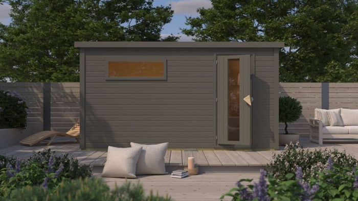 Karibu Saunahaus Hytti 6, inkl. 9 kW Bioofen ext. Steuerung -mit Iso-Tür- terragrau, 38 mm