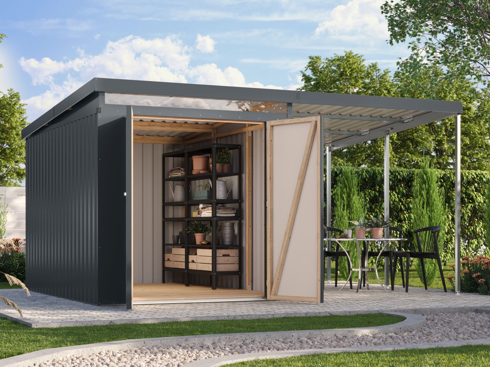 Karibu Metallgerätehaus Iridium 2,5 in Anthrazit, inkl. Anbaudach 2m