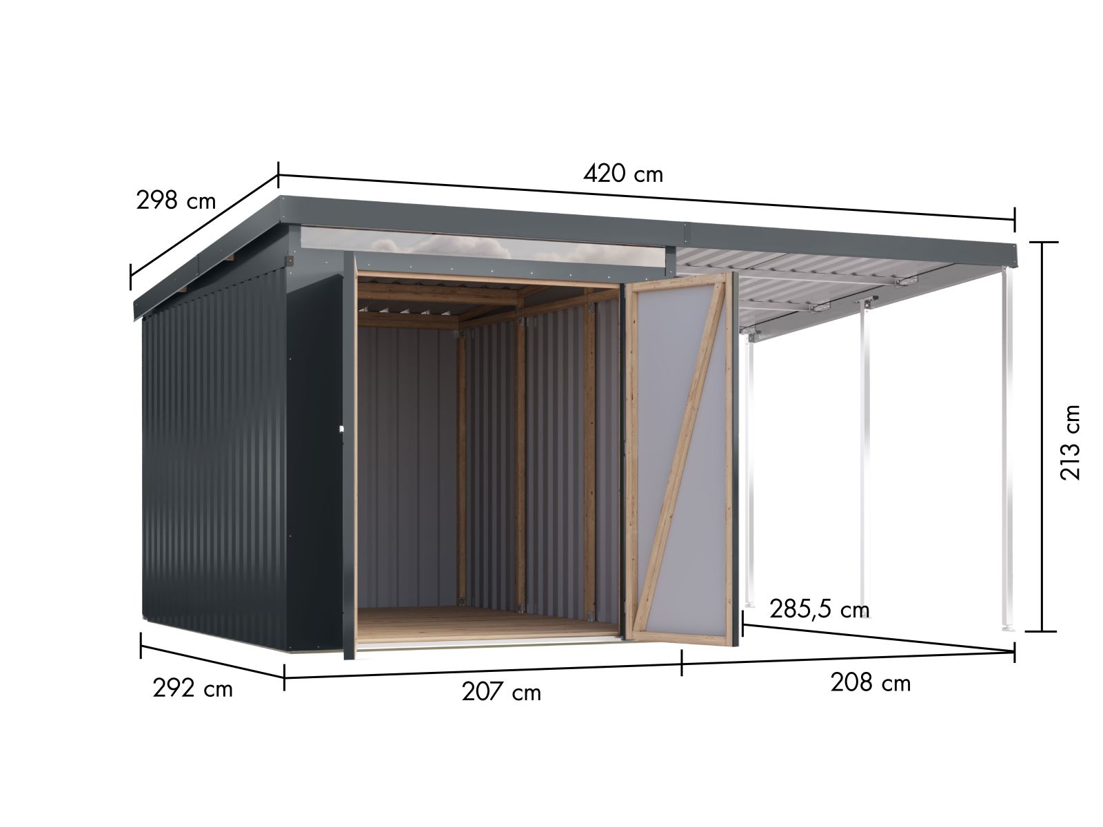 Karibu Metallgerätehaus Iridium 2,5 in Anthrazit, inkl. Anbaudach 2m