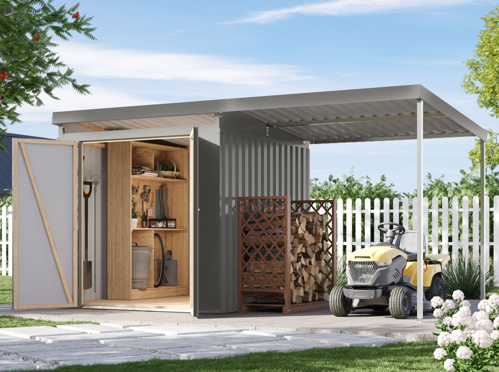 Karibu Metallgerätehaus Iridium 2, Graualuminium, inkl. Anbaudach 2m