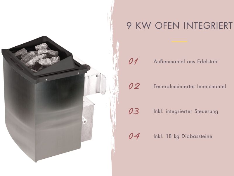 Karibu Saunahaus Caapi 4, inkl. 9 kW Ofen integr. Steuerung, mit Klarglastür und Fußboden