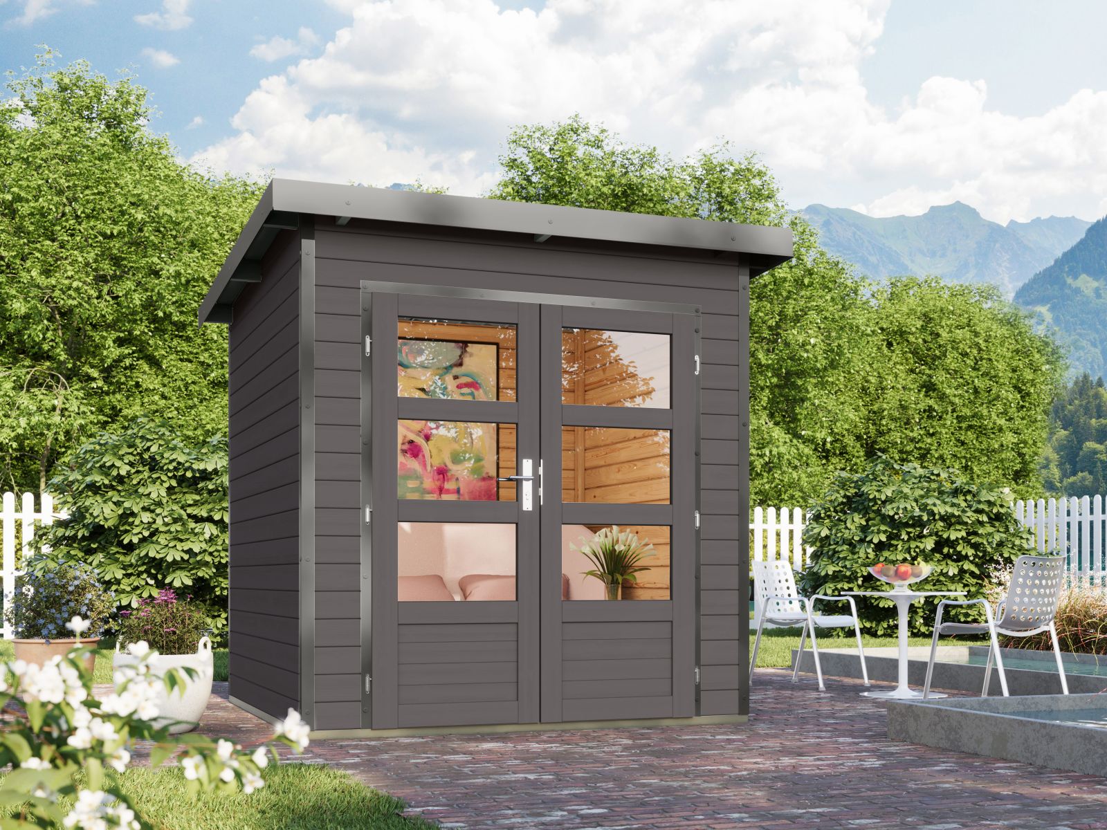 Karibu Hybrid Gartenhaus Pluto 1 B, terragrau/graualuminium, 28 mm