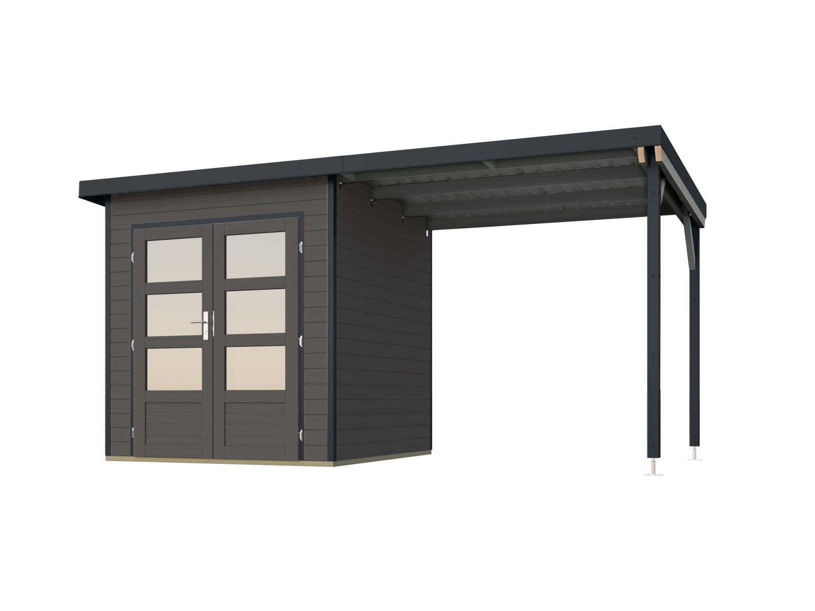 Karibu Hybrid Gartenhaus Pluto 1 B, terragrau/anthrazit, 28 mm, inkl. Anbaudach ca. 2,33m