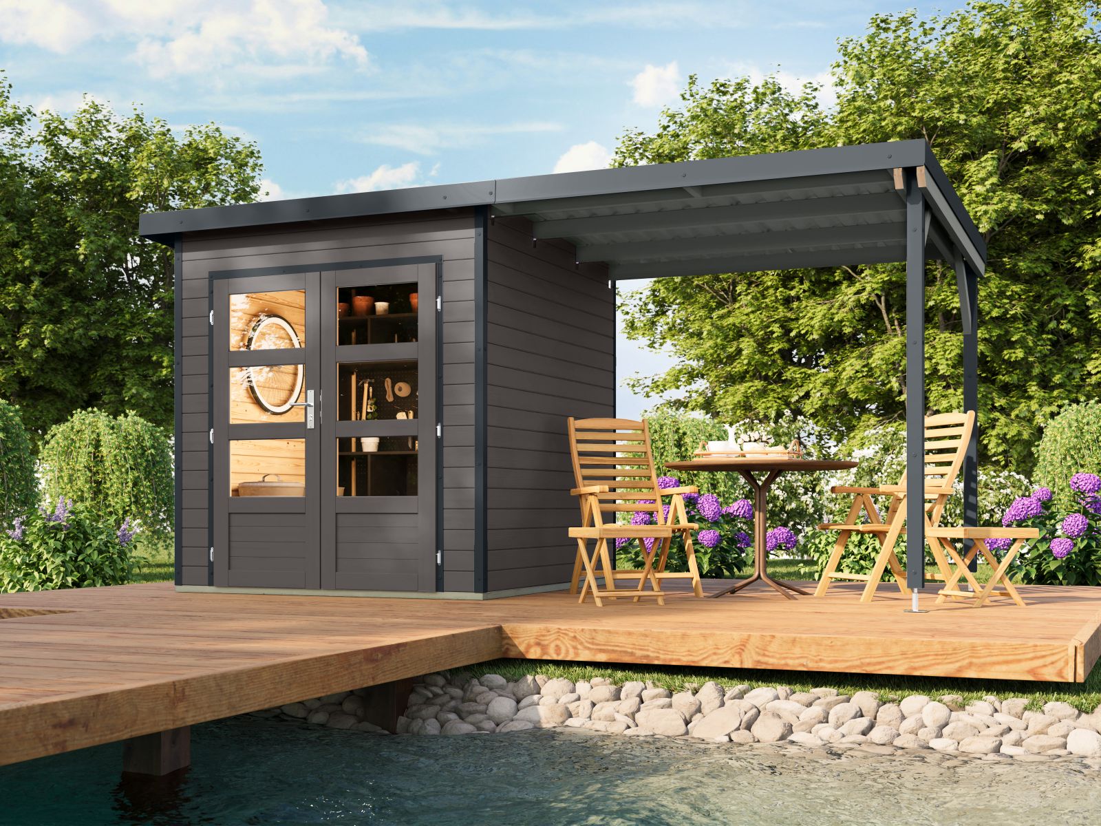 Karibu Hybrid Gartenhaus Pluto 1 B, terragrau/anthrazit, 28 mm, inkl. Anbaudach ca. 2,33m