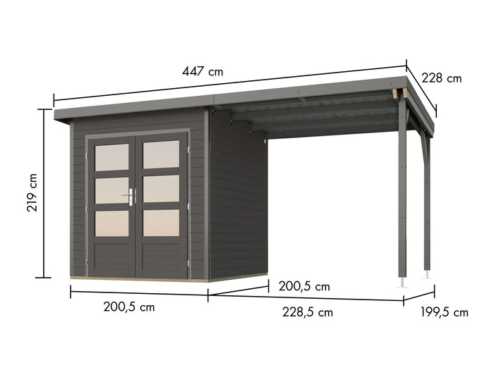 Karibu Hybrid Gartenhaus Pluto 1 B, terragrau/graualuminium, 28 mm, inkl. Anbaudach ca. 2,33m