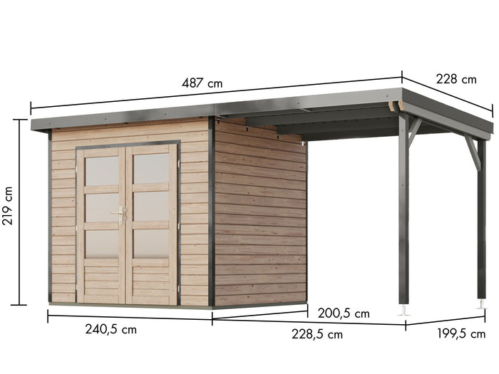Karibu Hybrid Gartenhaus Pluto 2 A, naturbelassen/graualuminium, 28 mm, inkl. Anbaudach 2,33m