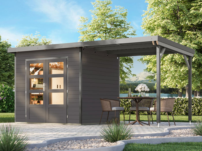Karibu Hybrid Gartenhaus Pluto 2 B, terragrau/graualuminium, 28 mm, inkl. Anbaudach 2,33m