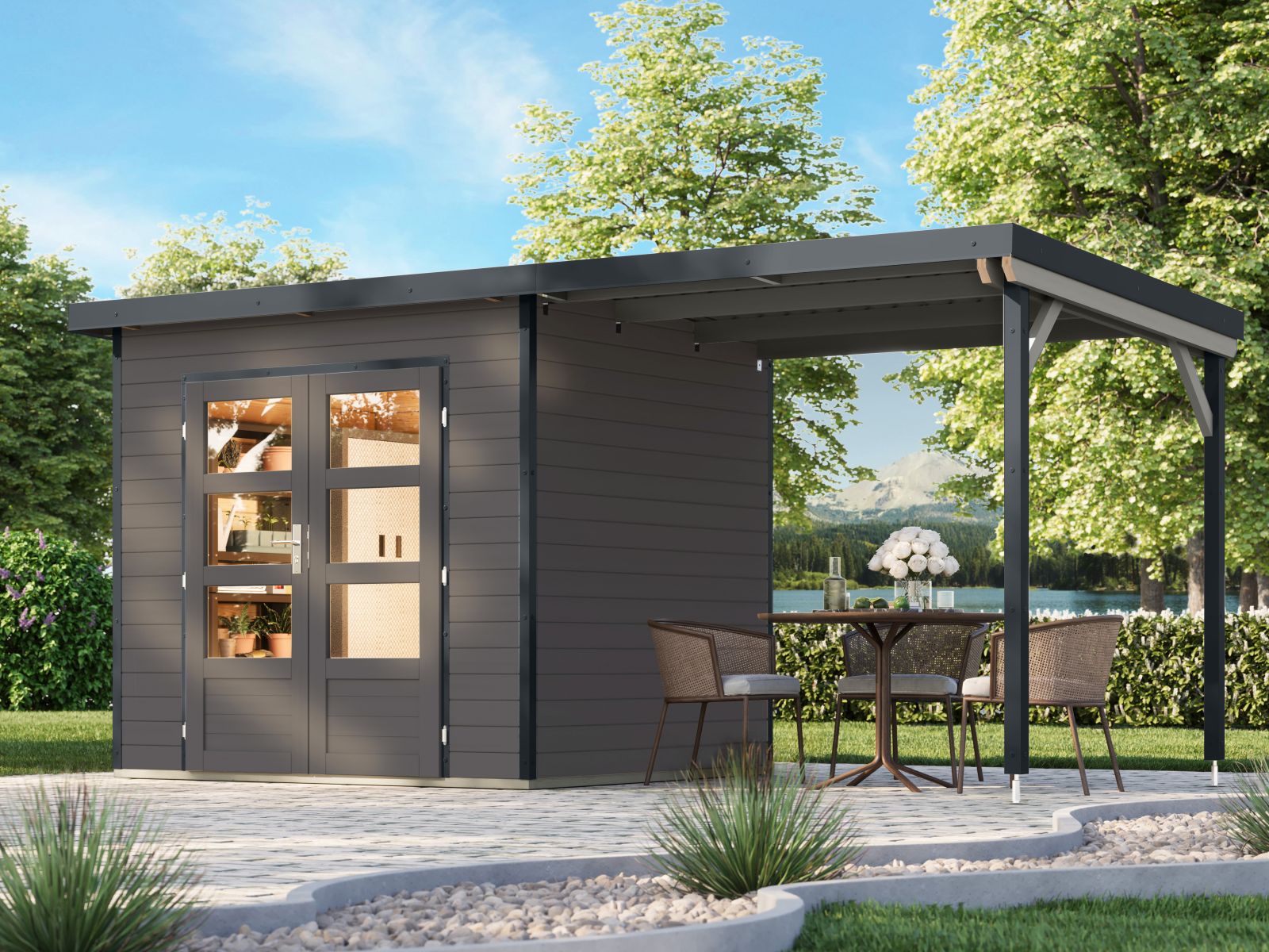 Karibu Hybrid Gartenhaus Pluto 2 B, terragrau/anthrazit, 28 mm, inkl. Anbaudach 2,33m