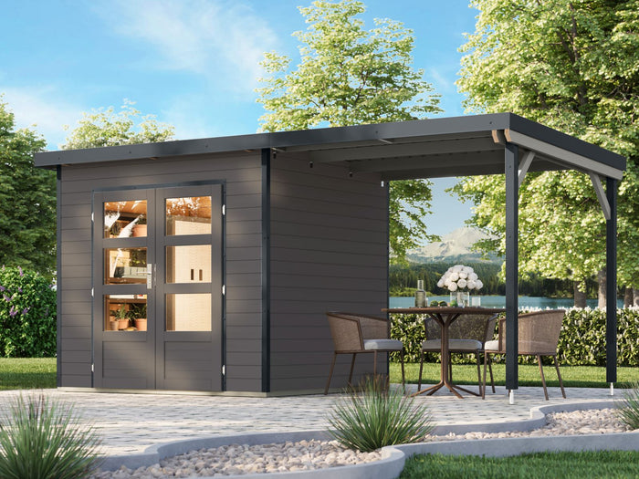 Karibu Hybrid Gartenhaus Pluto 2 B, terragrau/anthrazit, 28 mm, inkl. Anbaudach 2,33m