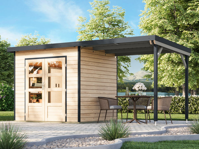Karibu Hybrid Gartenhaus Pluto 2 A, naturbelassen/anthrazit, 28 mm, inkl. Anbaudach 2,33m