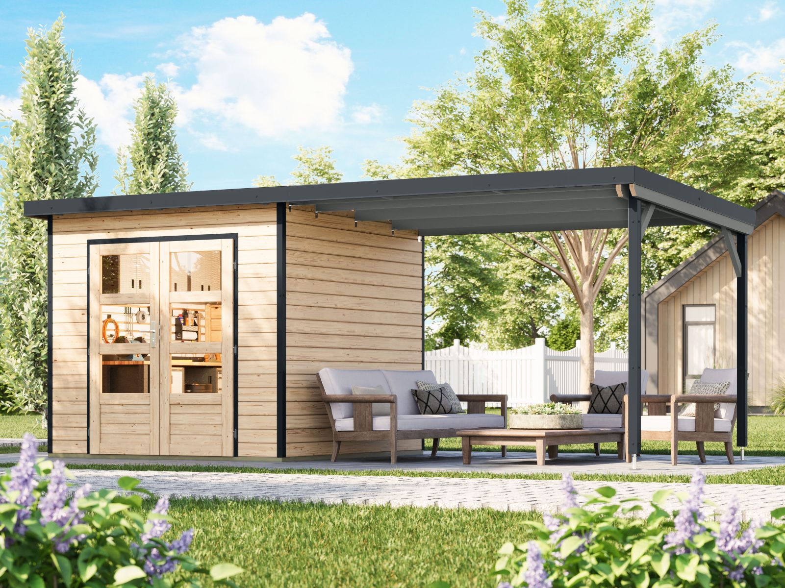 Karibu Hybrid Gartenhaus Pluto 3 A, naturbelassen/anthrazit, 28 mm, inkl. Anbaudach ca. 3m