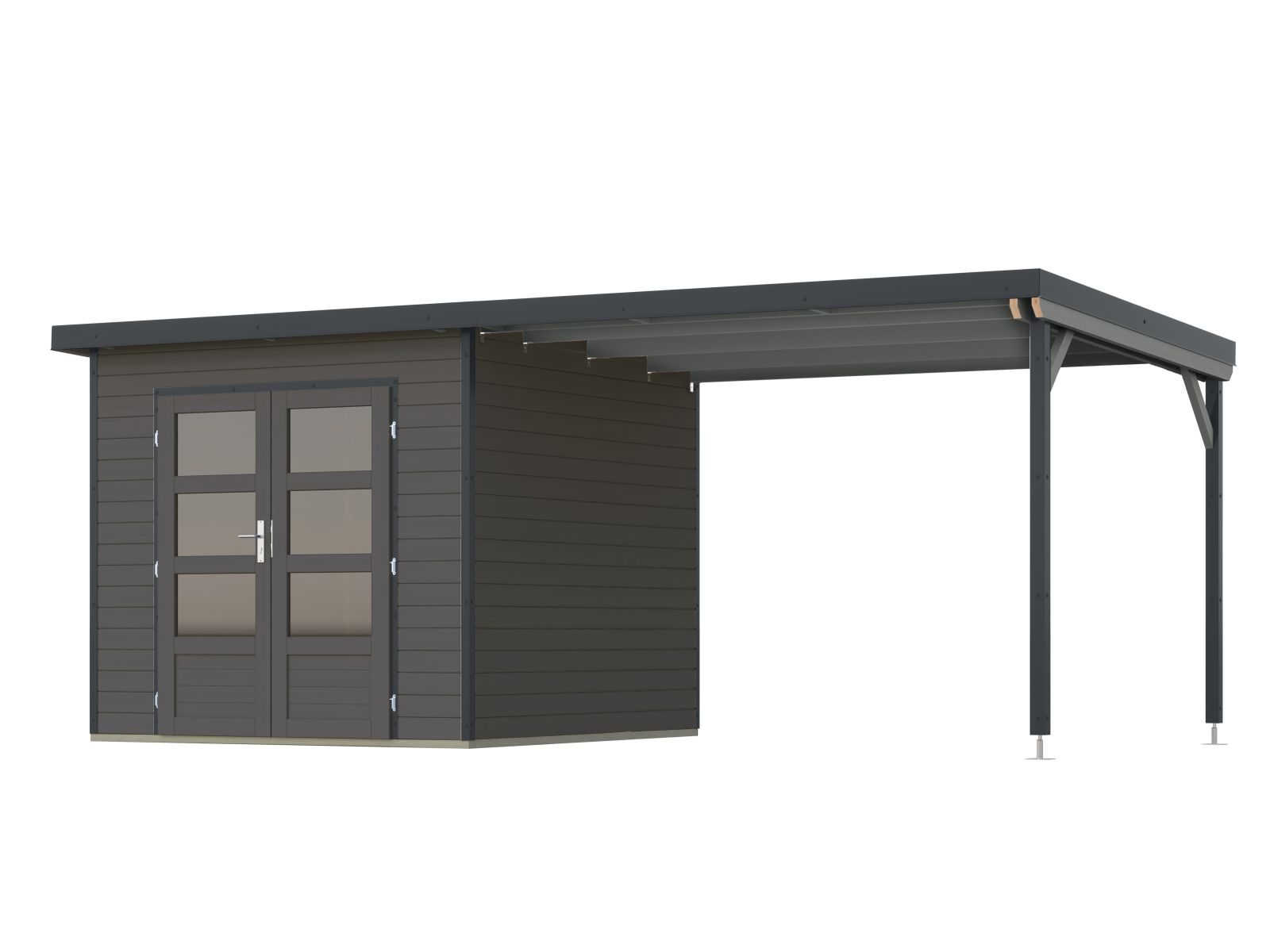Karibu Hybrid Gartenhaus Pluto 3 B, terragrau/anthrazit, 28 mm, inkl. Anbaudach ca. 3m