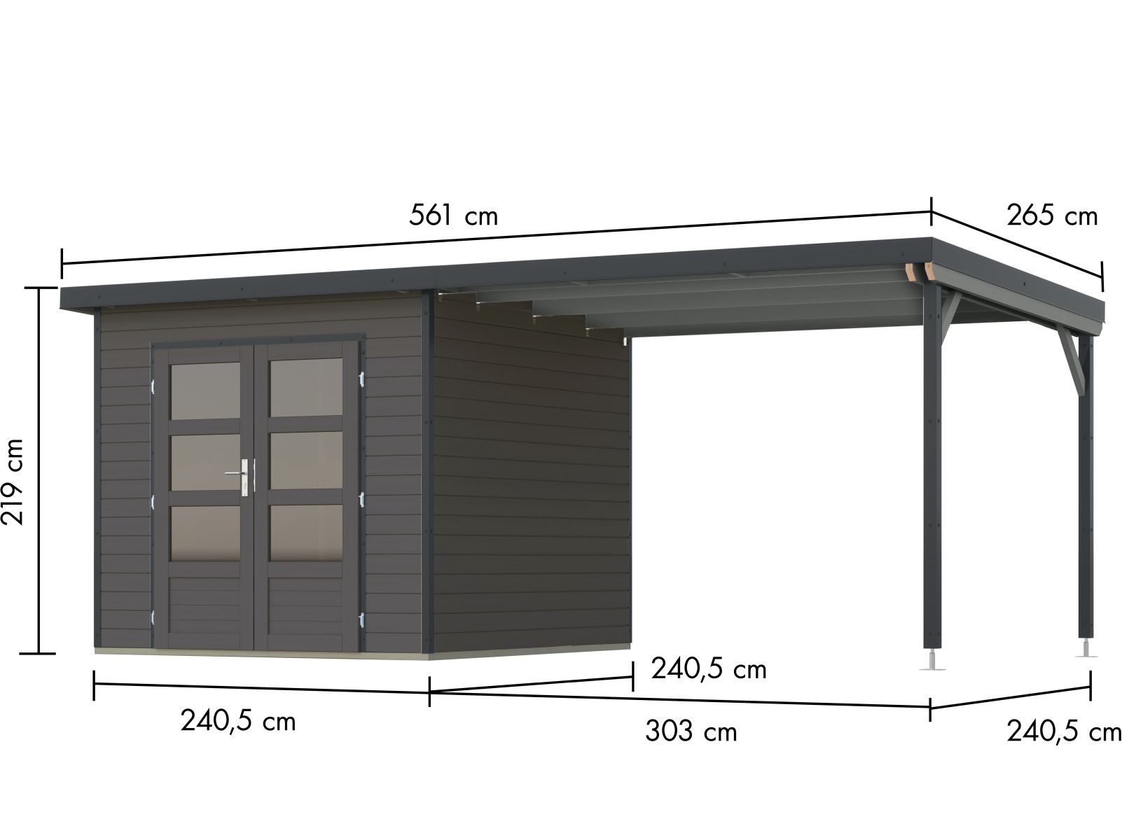 Karibu Hybrid Gartenhaus Pluto 3 B, terragrau/anthrazit, 28 mm, inkl. Anbaudach ca. 3m